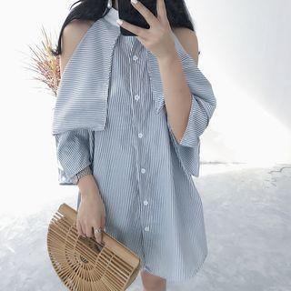 Elbow-sleeve Striped Off-shoulder Shirt Dress