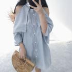 Elbow-sleeve Striped Off-shoulder Shirt Dress