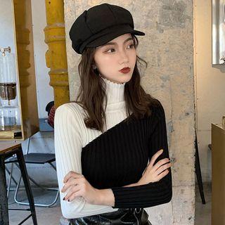 Mock-turtleneck Two-tone Ribbed Knit Top Black - One Size