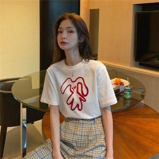 Short-sleeve Rabbit Print T-shirt / Plaid Straight Leg Pants