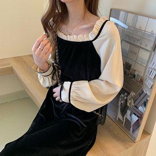 Velvet Frilled Long-sleeve Dress As Figure - One Size