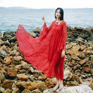 Set: Plain Slipdress + Lace-up Long-sleeve Midi Dress