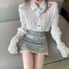 Long-sleeve Crinkled Buttoned Blouse / Frayed Mini Tweed Skirt