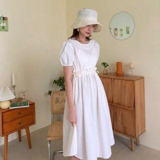 Short-sleeve Ruffle Trim Tie-back Midi A-line Dress