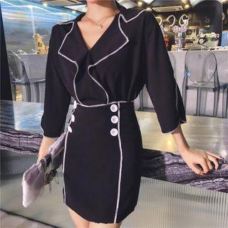Set: 3/4-sleeve V-neck Blouse + Double-breasted A-line Skirt