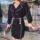 Set: 3/4-sleeve V-neck Blouse + Double-breasted A-line Skirt