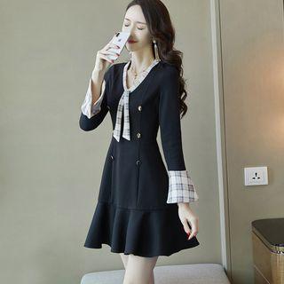 Long-sleeve Plaid Panel Mermaid Mini Dress