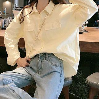 Long-sleeve Pocketed Shirt Almond - One Size