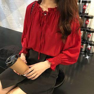 Long-sleeve Ruffle Trim Drawstring Blouse