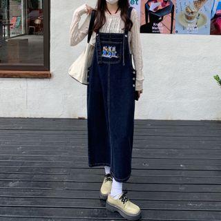 Cartoon Print Denim Midi A-line Overall Dress