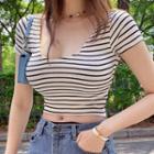 Short-sleeve U-neck Striped Cropped T-shirt
