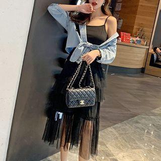 Set: Sequin Denim Shirt + Spaghetti-strap Mesh Dress