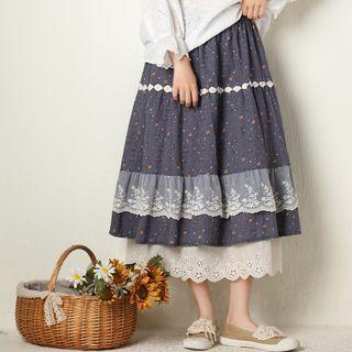Floral Print Lace Panel Midi A-line Skirt
