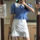 Balloon-sleeve Plaid Blouse / Drawstring A-line Skirt