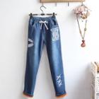 Cat Appliqued Fleece-lined Straight-fit Jeans