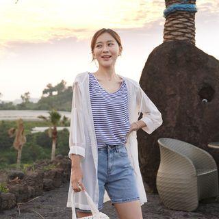 Hooded Tab-sleeve Sheer Shirt