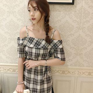 Check Off-shoulder Elbow-sleeve A-line Dress