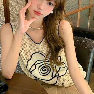 Flower Pointelle Knit Tank Top Beige - One Size