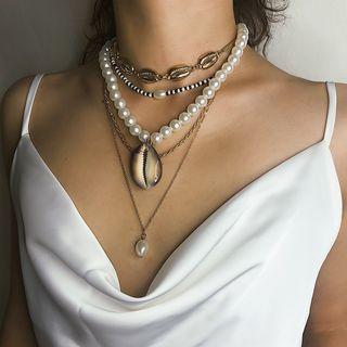 Shell Faux Pearl Pendant Layered Choker Necklace