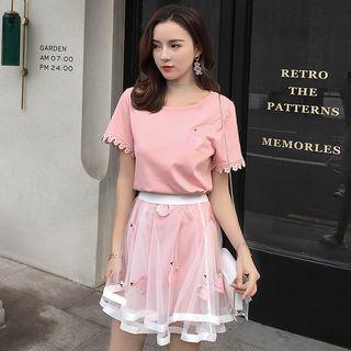 Set: Short-sleeve Long T-shirt + A-line Mini Sheer Skirt
