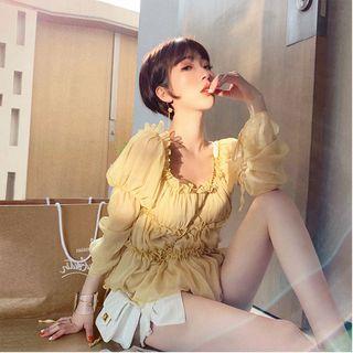 Off-shoulder Shirred Chiffon Blouse