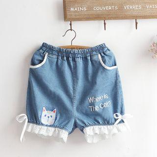 Cat Embroidered Denim Shorts Blue - One Size
