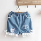 Cat Embroidered Denim Shorts Blue - One Size