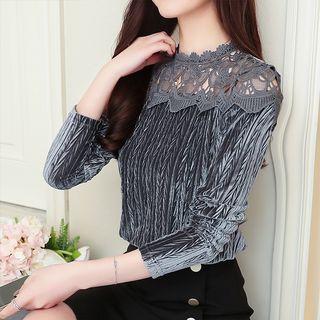 Lace Panel Velvet Long-sleeve Blouse