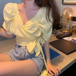 Short-sleeve V-neck Tie-waist Cropped Blouse Yellow - One Size