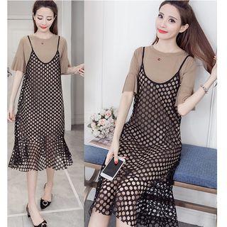 Set: Short-sleeve T-shirt Dress + Strappy Mesh Midi Dress