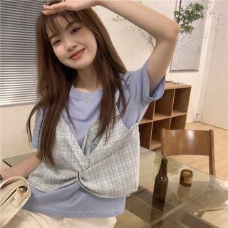 Mock Two-piece T-shirt Blue - One Size