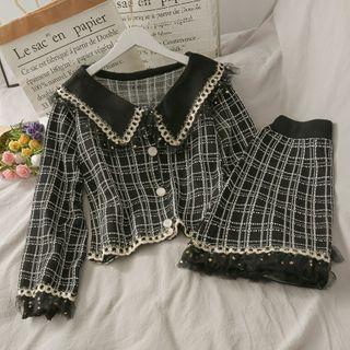 Set: Patchwork Button-down Crop Shirt + Mini Skirt Black - One Size