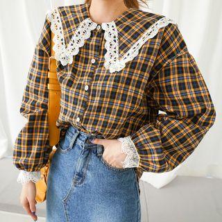 Laced Sailor-collar Plaid Blouse