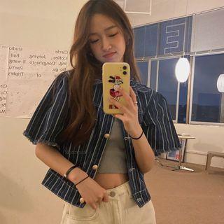 Elbow-sleeve Striped Denim Jacket
