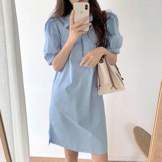 Plain Lapel Oversized Puff Short Sleeve Slit Dress
