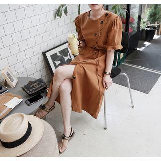 Scallop-edge Diagonal-button Linen Dress