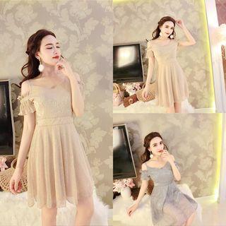 Short-sleeve Cold Shoulder Sequined A-line Dress