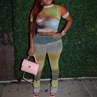 Set: Short-sleeve Tie Dye Mesh Cropped T-shirt + Skinny Pants