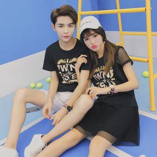 Lettering T-shirt / Set: Mesh-panel Top + A-line Skirt