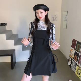 Long-sleeve Cartoon Print T-shirt / Lace Up Mini Overall Dress
