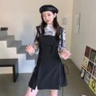 Long-sleeve Cartoon Print T-shirt / Lace Up Mini Overall Dress