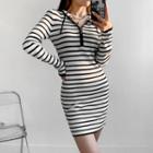 Long-sleeve Half-zip Striped Knit Dress