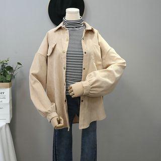 Set: Striped Long-sleeve Knit Top + Corduroy Button Jacket