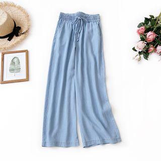 Drawstring Denim Wide Leg Pants