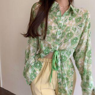 Long-sleeve Floral Print Shirt Green & White & Beige - One Size