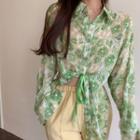 Long-sleeve Floral Print Shirt Green & White & Beige - One Size