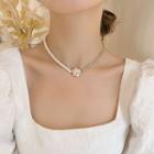 Faux Pearl Floral Necklace D1097 - Camellia - White & Gold - One Size