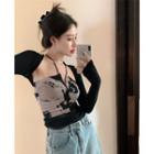 Print V-neck Halter Top / Long-sleeve Plain Shawl
