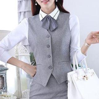 Shirt / Buttoned Vest / Mini Pencil Skirt