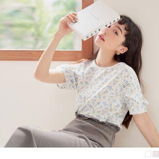 Short Sleeve Floral Printed Ruffled T-shirt